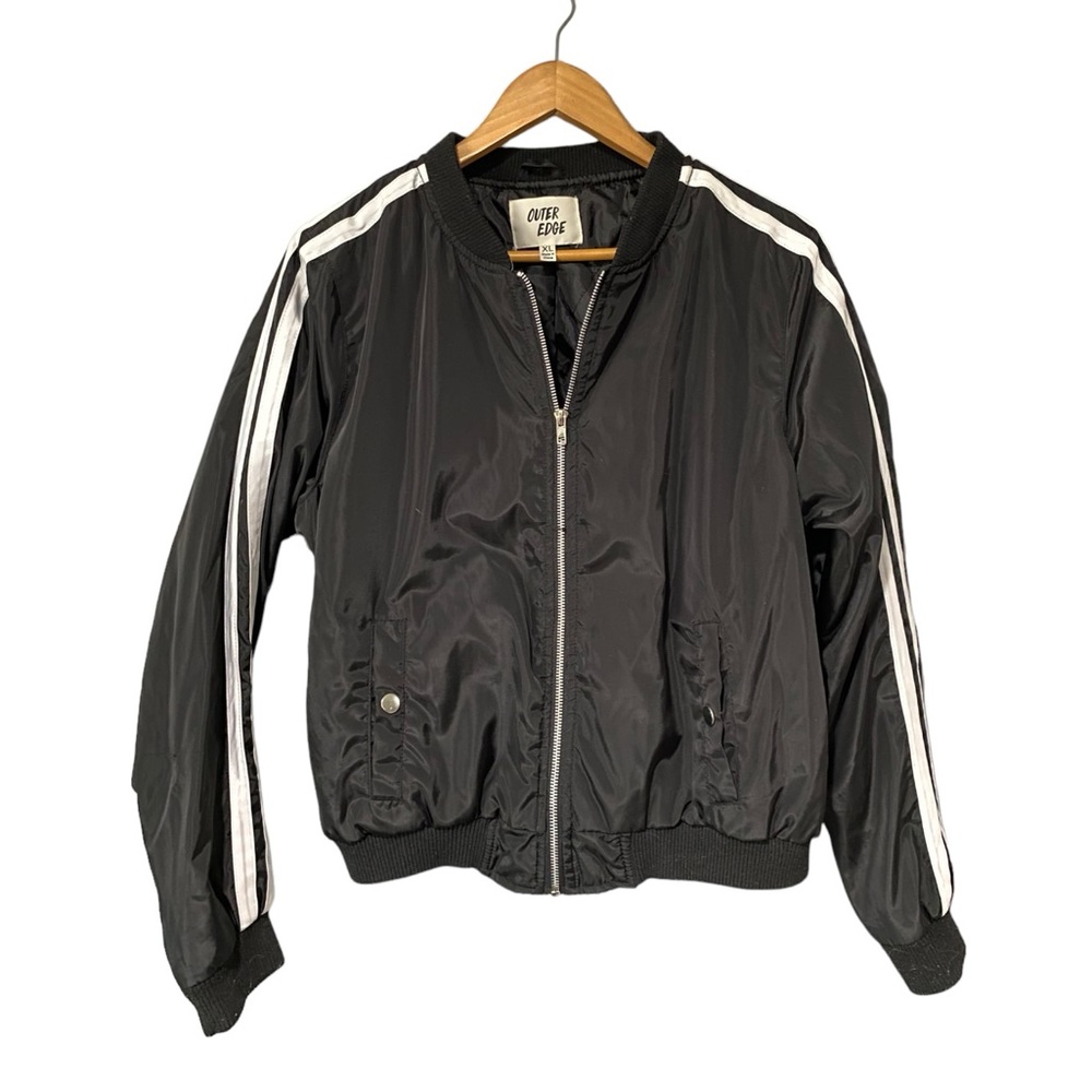 Outer Edge | Black with white stripe bomber track jacket •
